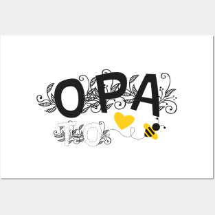 Opa To Be | Modern Cute Black And White Floral Typography With Yellow Bee And Heart | New Baby Announcement Posters and Art